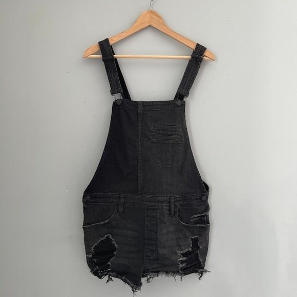 Distressed Black Denim Overall Shorts/Romper - Picture 1 of 5